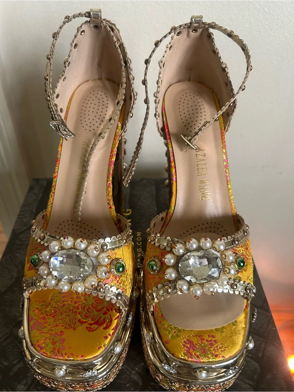 Embellished Gold Platform Sandals - Women's Evening Heels
